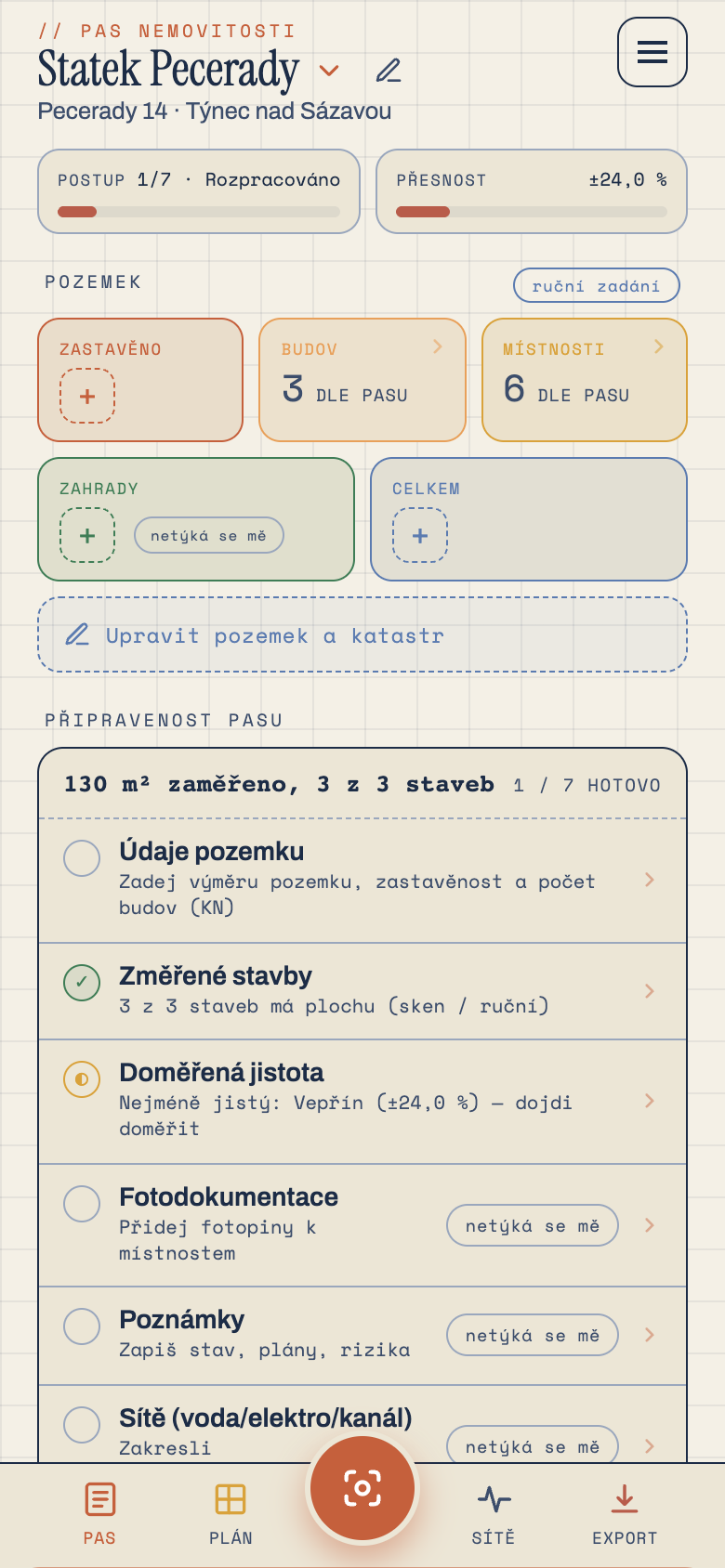 Property passport overview in the Pásek app