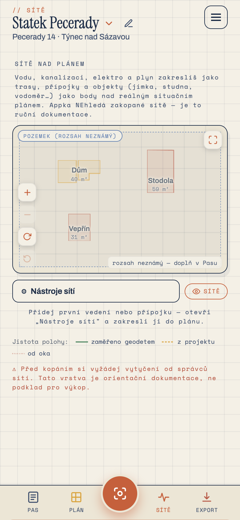 Site plan with a parcel in the Pásek app