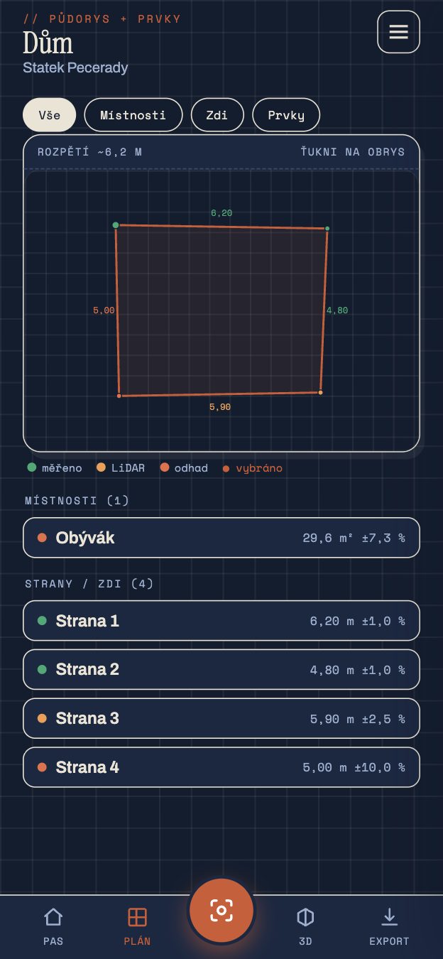 Půdorys naskenované místnosti v aplikaci Pásek